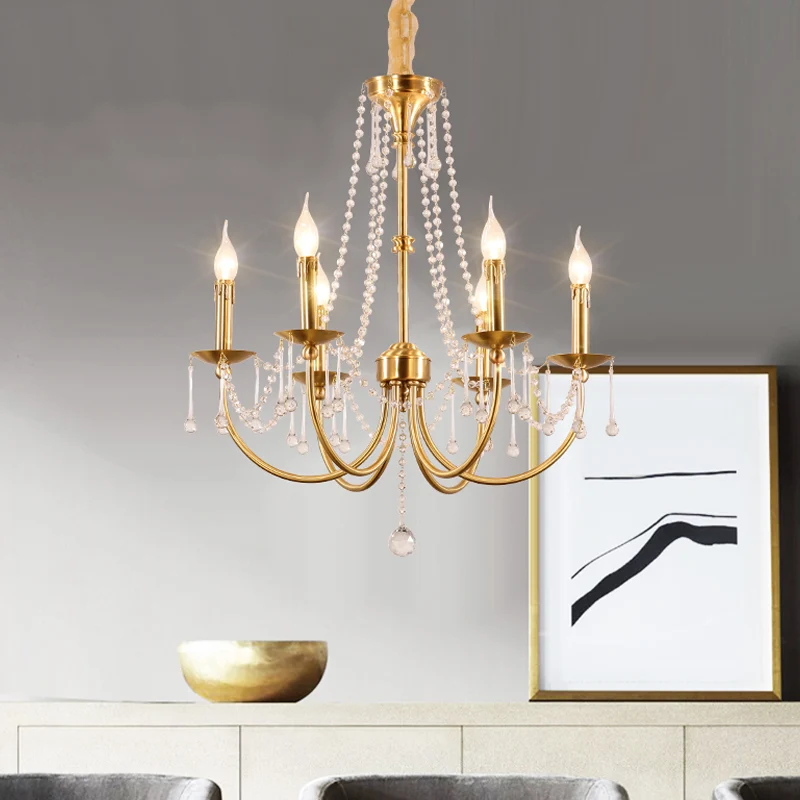 6-lichts kroonluchterverlichting Traditionele ronde arm-kristallen plafondhanglamp goud Clearhalo