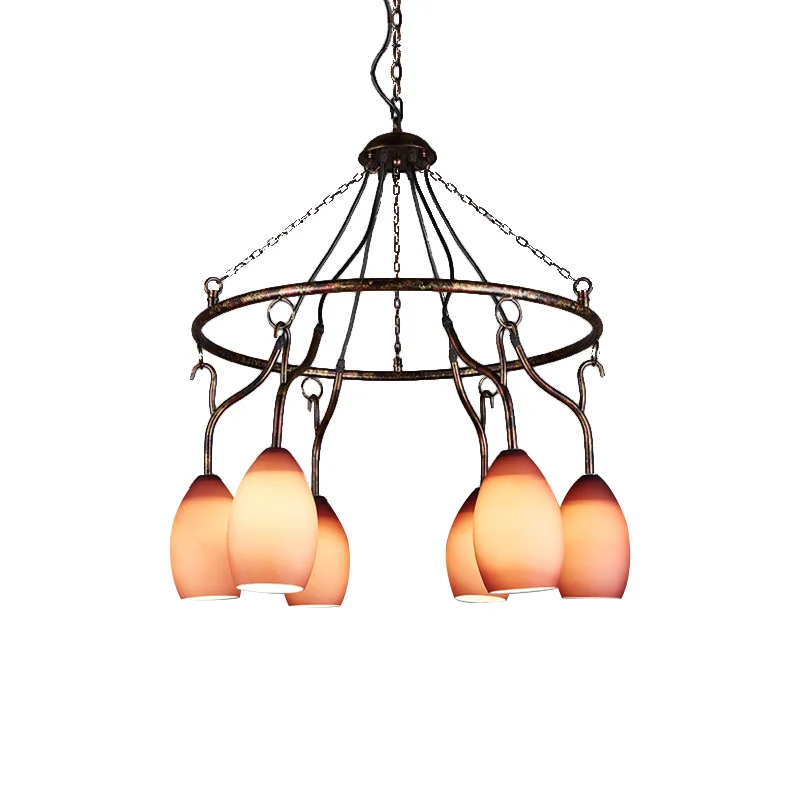 6-lichts ringhanglamp met roze meloenkap Antieke glazen kroonluchter voor café Clearhalo