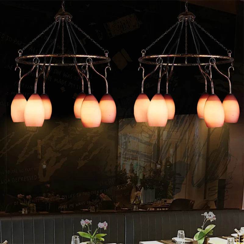 6-lichts ringhanglamp met roze meloenkap Antieke glazen kroonluchter voor café Clearhalo