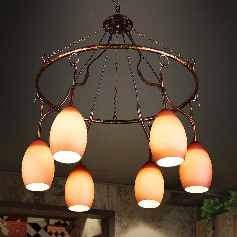 6-lichts ringhanglamp met roze meloenkap Antieke glazen kroonluchter voor café Clearhalo
