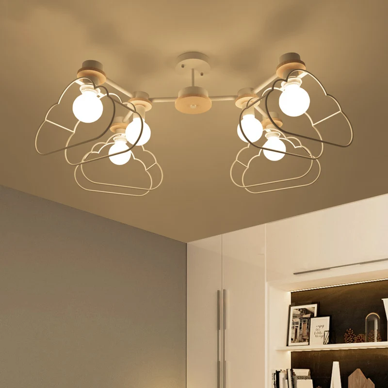 6-lichts slaapkamer hangende kroonluchter cartoon witte hanglamp met wolk/ster ijzeren kooi en houten kap Clearhalo