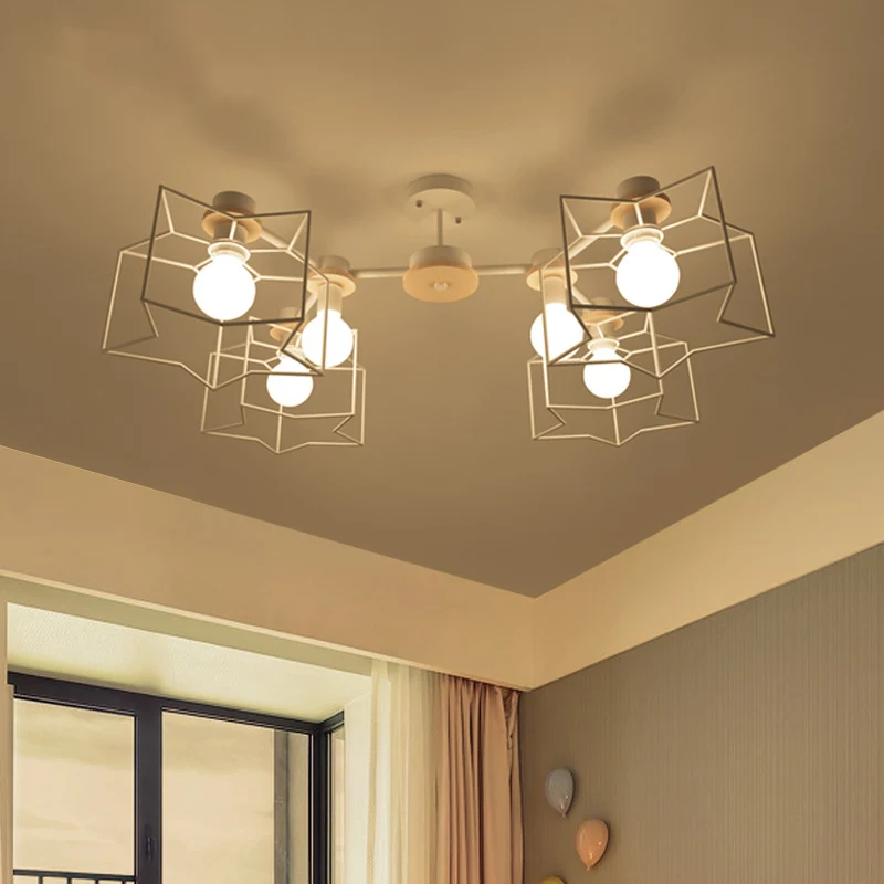 6-lichts slaapkamer hangende kroonluchter cartoon witte hanglamp met wolk/ster ijzeren kooi en houten kap Clearhalo