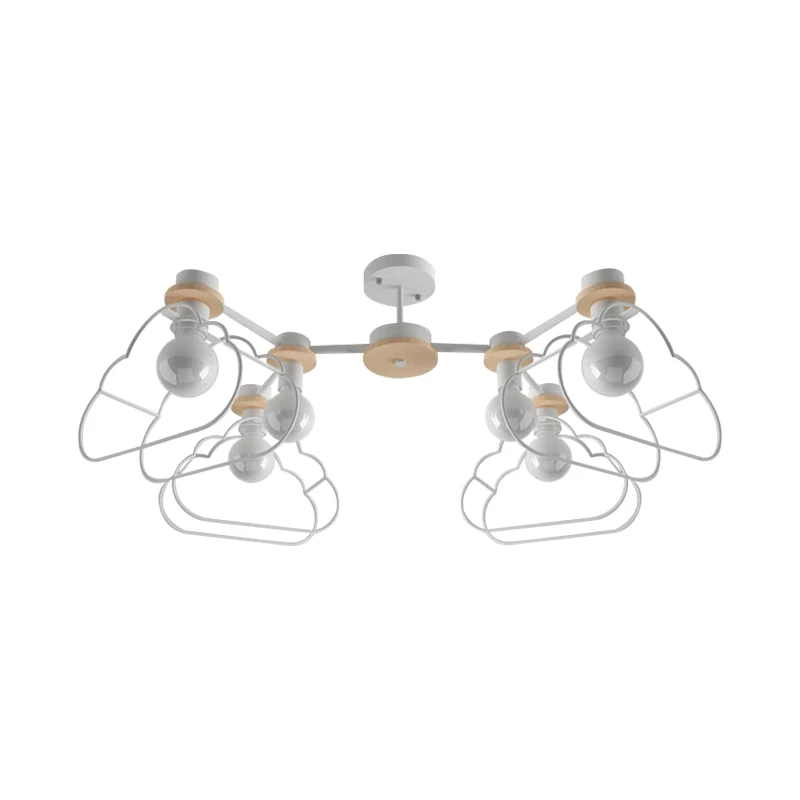 6-lichts slaapkamer hangende kroonluchter cartoon witte hanglamp met wolk/ster ijzeren kooi en houten kap Clearhalo