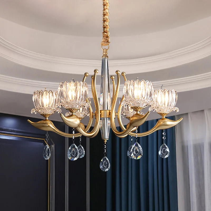 6-lichts slingerlamp met lotusschaduw, traditionele gouden afwerking, helder kristallen hangende kroonluchter Clearhalo