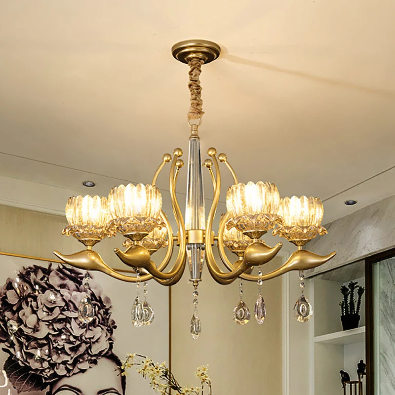 6-lichts slingerlamp met lotusschaduw, traditionele gouden afwerking, helder kristallen hangende kroonluchter Clearhalo