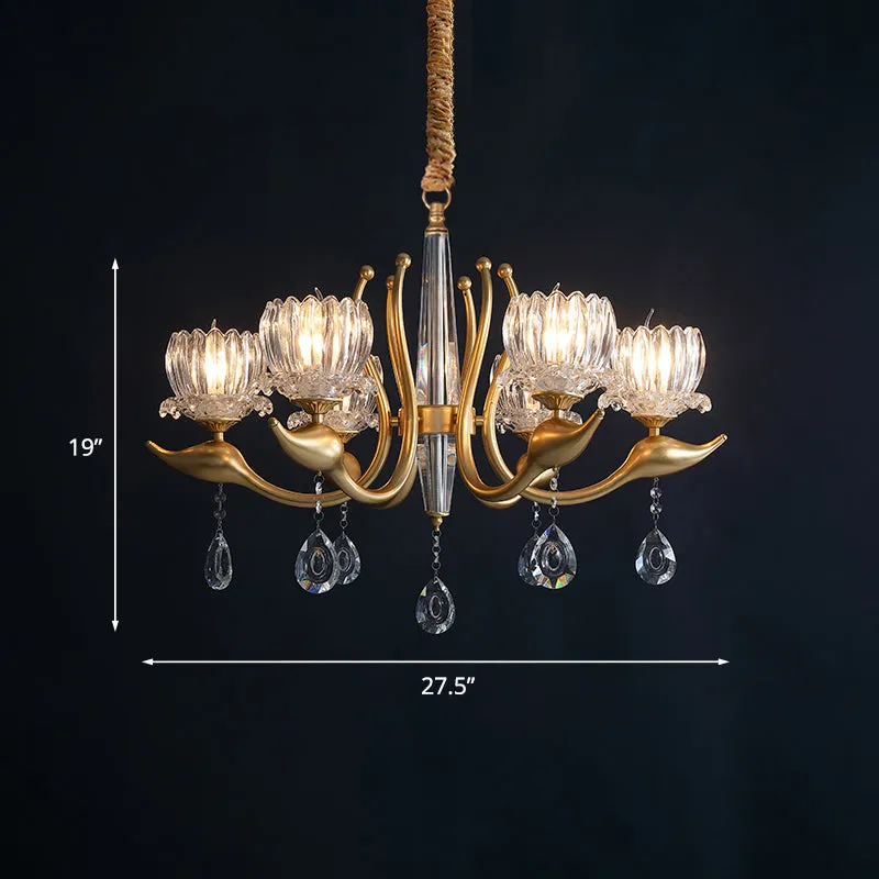 6-lichts slingerlamp met lotusschaduw, traditionele gouden afwerking, helder kristallen hangende kroonluchter Clearhalo