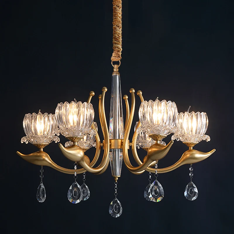 6-lichts slingerlamp met lotusschaduw, traditionele gouden afwerking, helder kristallen hangende kroonluchter Clearhalo
