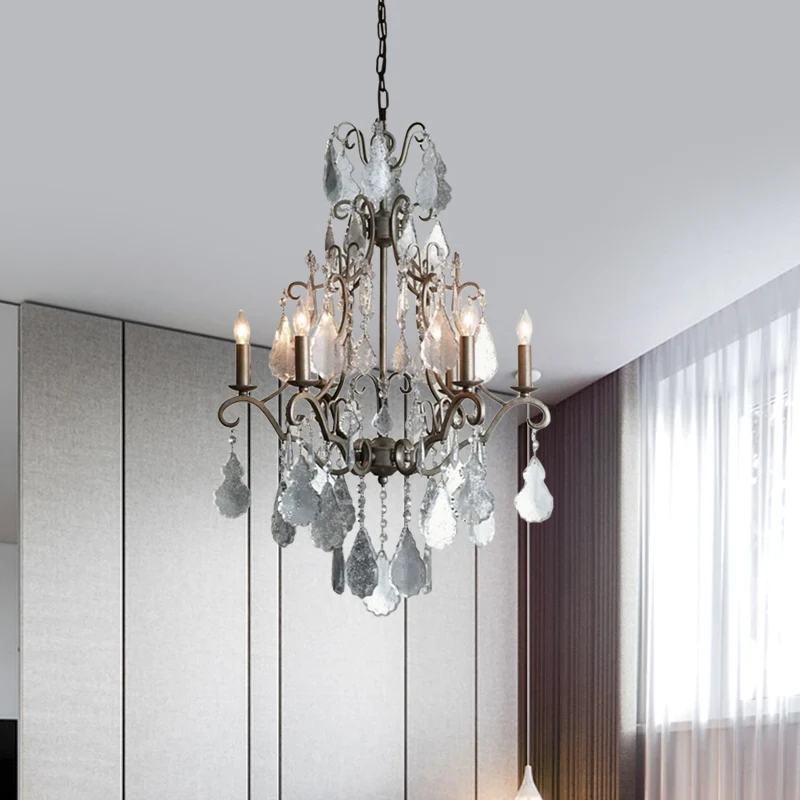 6-lichts Swirl Arm kandelaar kroonluchter landelijk roest metalen plafondhanger met hangend K9-kristalaccent Clearhalo