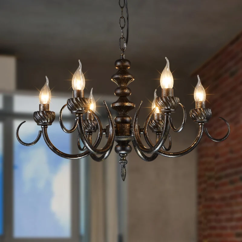 6-lichts tak kroonluchter verlichting rustieke antieke zwarte metalen hanglamp voor woonkamer Clearhalo