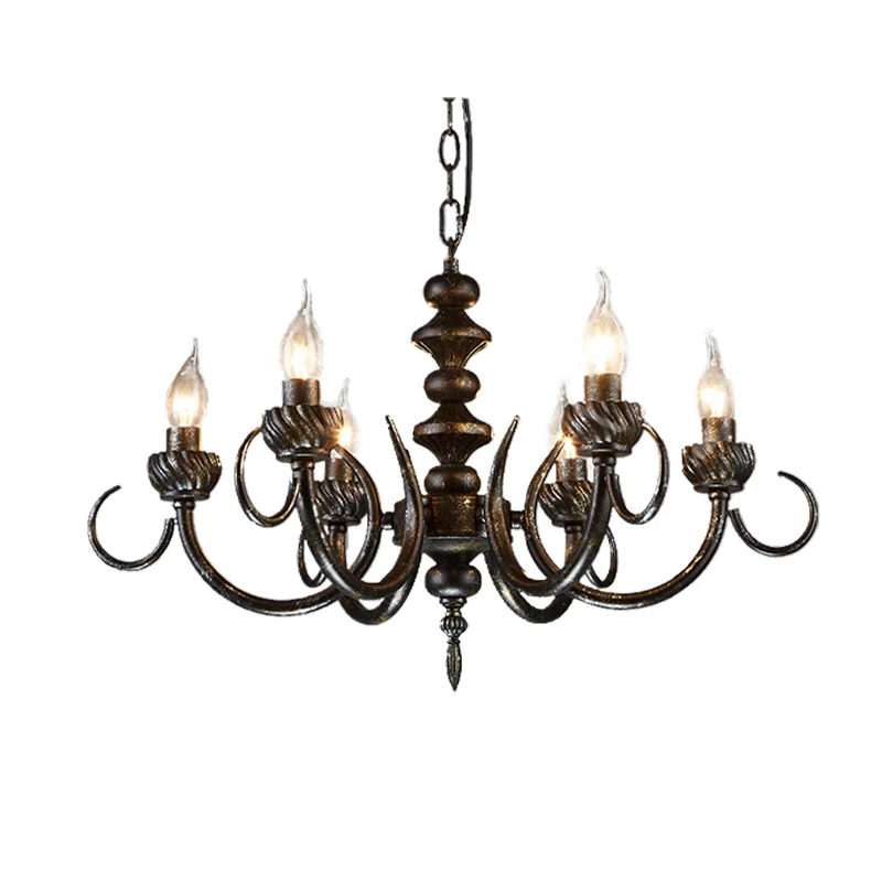 6-lichts tak kroonluchter verlichting rustieke antieke zwarte metalen hanglamp voor woonkamer Clearhalo