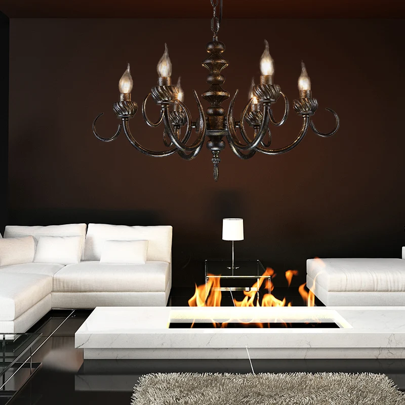 6-lichts tak kroonluchter verlichting rustieke antieke zwarte metalen hanglamp voor woonkamer Clearhalo