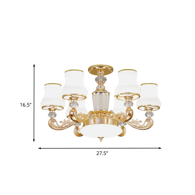 6-lichts uitlopende, semi-inbouwmontage, eenvoudige goudkleurige glazen plafondlamp met kristallen accent Clearhalo