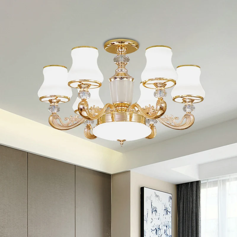 6-lichts uitlopende, semi-inbouwmontage, eenvoudige goudkleurige glazen plafondlamp met kristallen accent Clearhalo