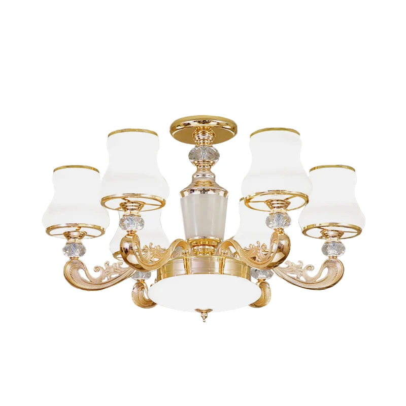 6-lichts uitlopende, semi-inbouwmontage, eenvoudige goudkleurige glazen plafondlamp met kristallen accent Clearhalo