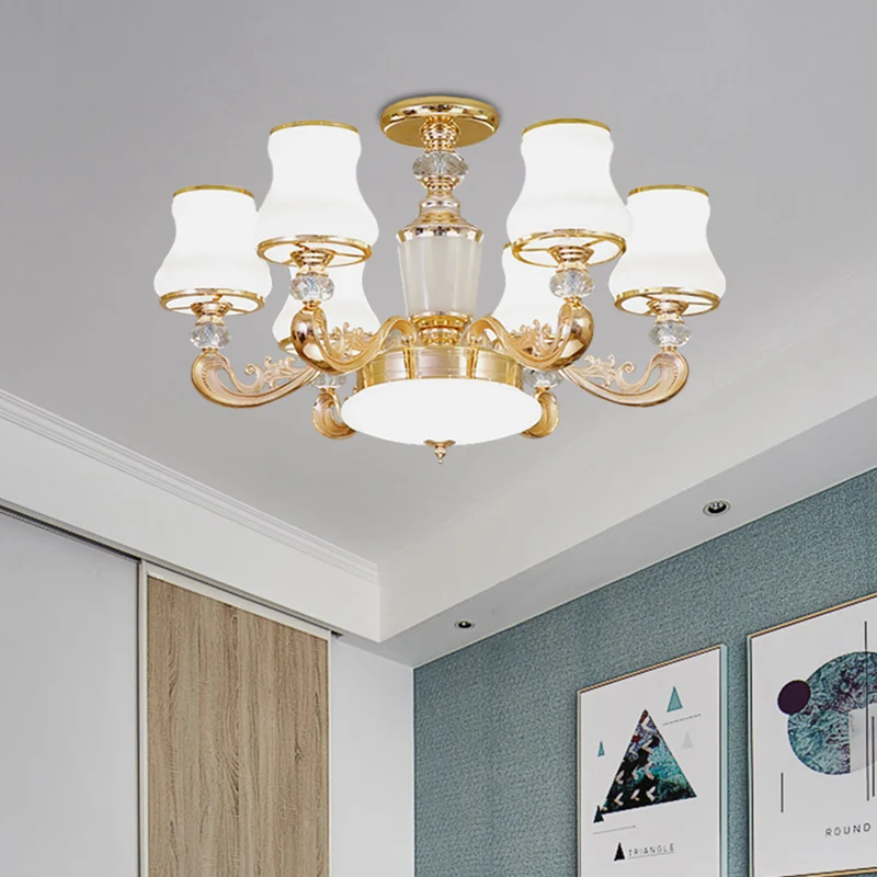 6-lichts uitlopende, semi-inbouwmontage, eenvoudige goudkleurige glazen plafondlamp met kristallen accent Clearhalo