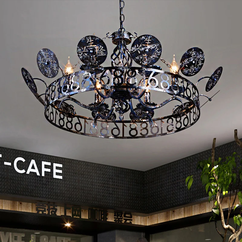 6-lichts wagenwiel kroonluchter lichte traditionele zwarte metalen ophanging voor café Clearhalo
