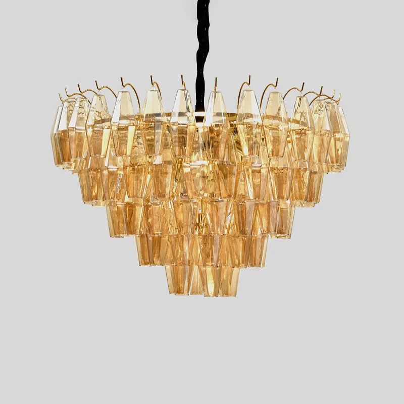 7-lichts kroonluchter traditionele woonkamer hanglamp met conische amberkleurige glazen kap Clearhalo