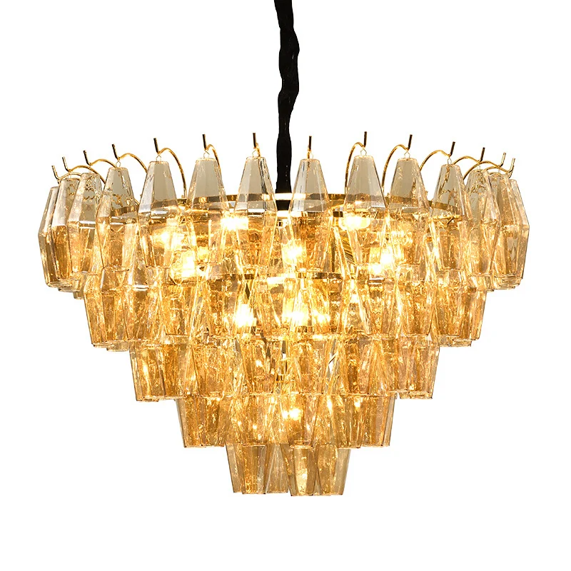 7-lichts kroonluchter traditionele woonkamer hanglamp met conische amberkleurige glazen kap Clearhalo