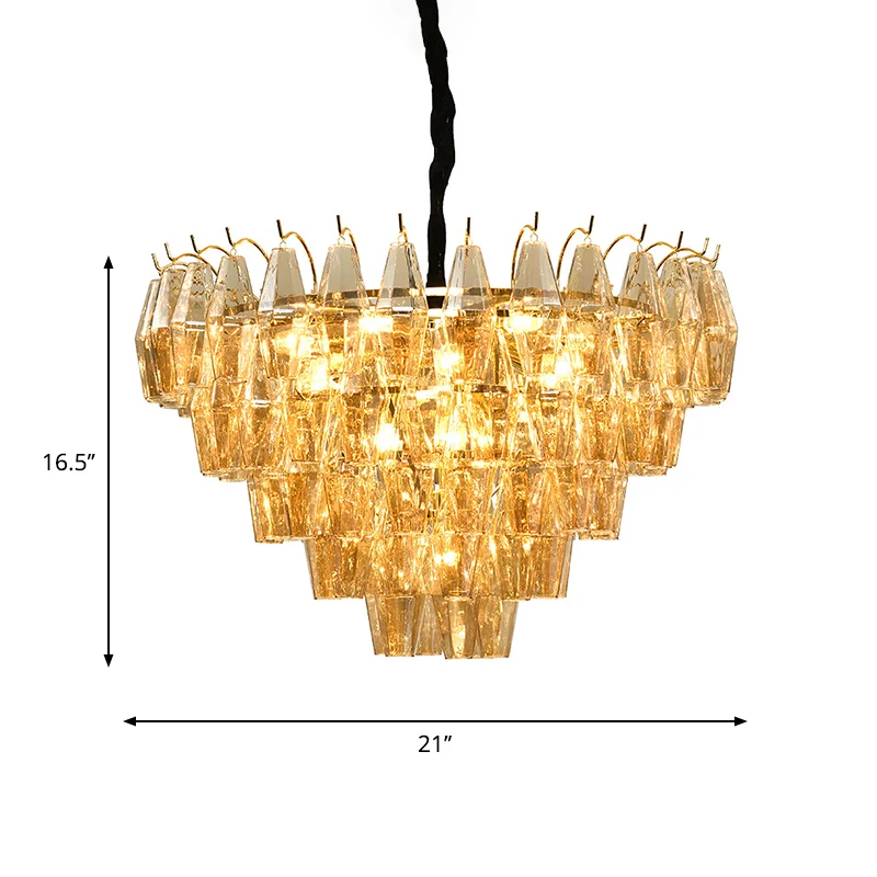 7-lichts kroonluchter traditionele woonkamer hanglamp met conische amberkleurige glazen kap Clearhalo