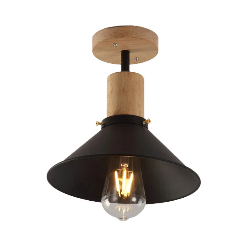 8"/10" brede conische metalen semi-inbouwlamp loftstijl, foyerplafondlamp met 1 lamp en houten luifel zwart Clearhalo