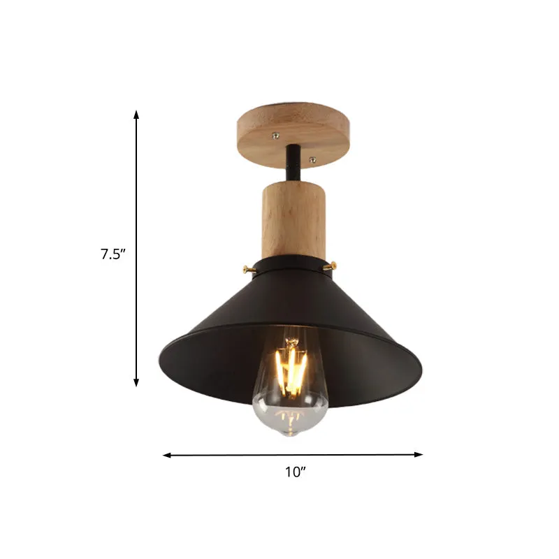 8"/10" brede conische metalen semi-inbouwlamp loftstijl, foyerplafondlamp met 1 lamp en houten luifel zwart Clearhalo
