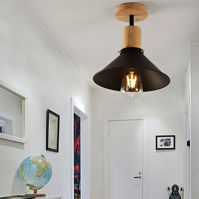 8"/10" brede conische metalen semi-inbouwlamp loftstijl, foyerplafondlamp met 1 lamp en houten luifel zwart Clearhalo