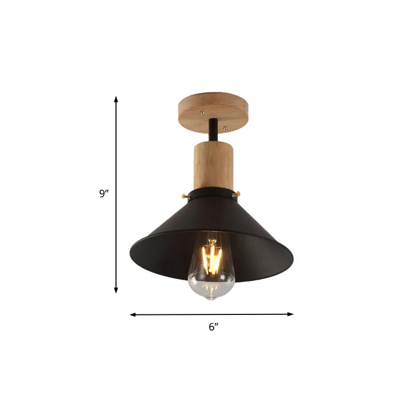 8"/10" brede conische metalen semi-inbouwlamp loftstijl, foyerplafondlamp met 1 lamp en houten luifel zwart Clearhalo