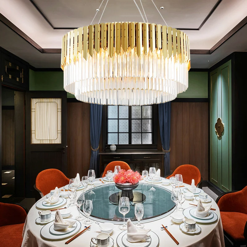 8/12-lichts woonkamerkroonluchter, eigentijdse gouden hanglamp met gelaagde ronde kristallen kap Clearhalo