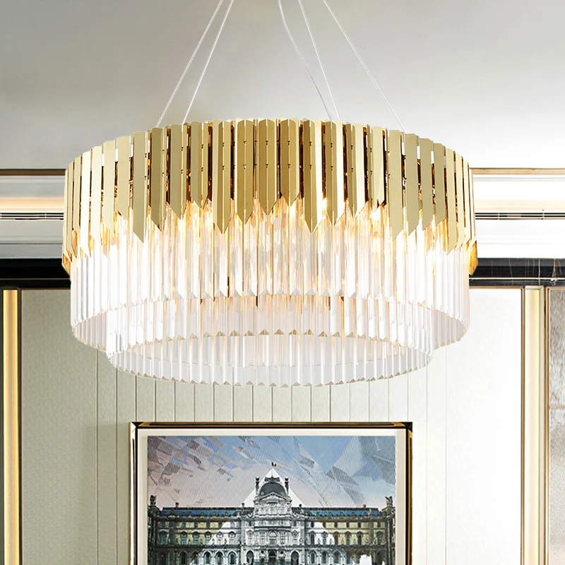 8/12-lichts woonkamerkroonluchter, eigentijdse gouden hanglamp met gelaagde ronde kristallen kap Clearhalo