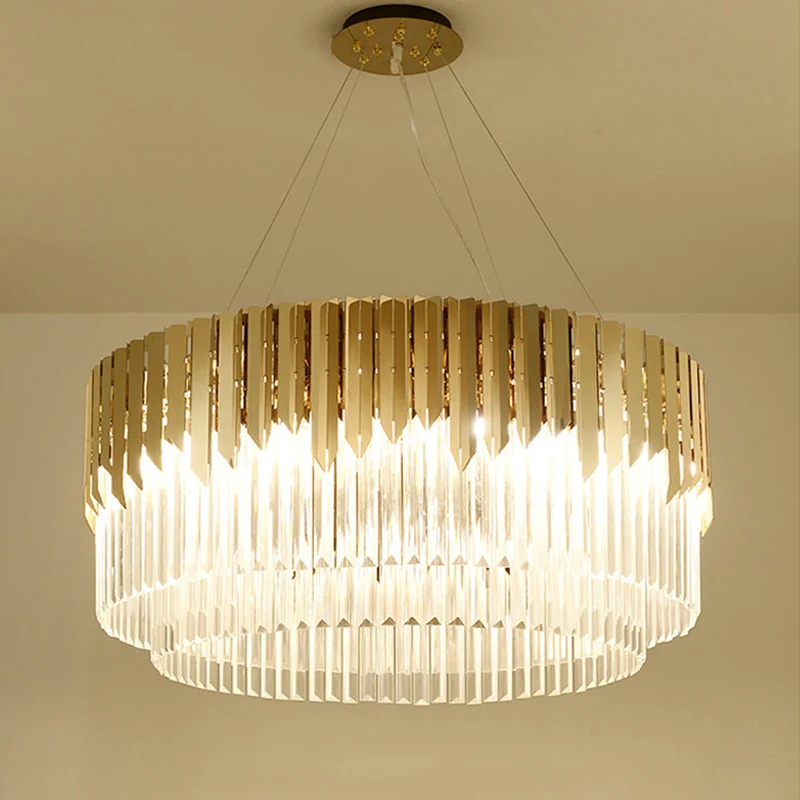 8/12-lichts woonkamerkroonluchter, eigentijdse gouden hanglamp met gelaagde ronde kristallen kap Clearhalo