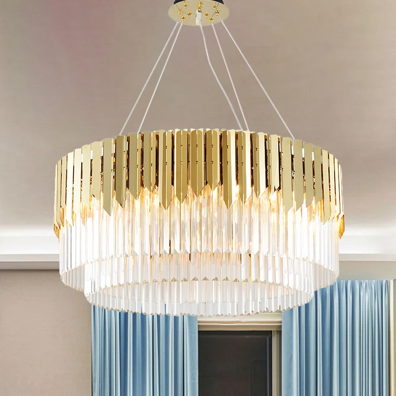 8/12-lichts woonkamerkroonluchter, eigentijdse gouden hanglamp met gelaagde ronde kristallen kap Clearhalo