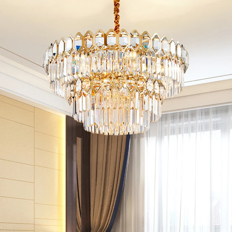 8-koppige plafondkroonluchter Rustieke eetkamer hangende lamp met gelaagde kristallen staafschaduw goud Clearhalo