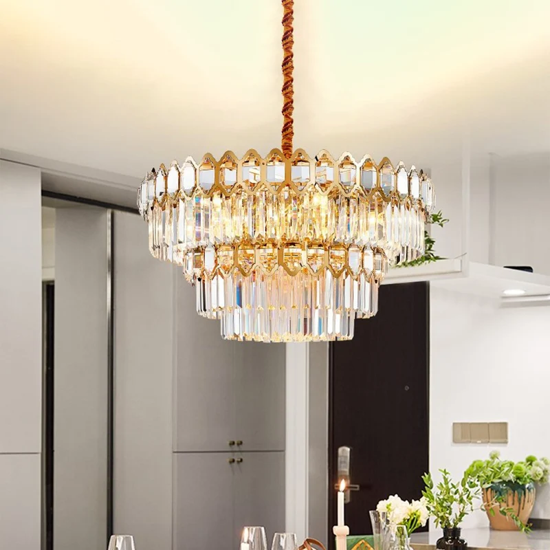 8-koppige plafondkroonluchter Rustieke eetkamer hangende lamp met gelaagde kristallen staafschaduw goud Clearhalo