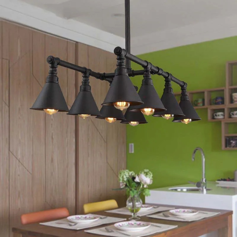 8-lichts Cone Island kroonluchter licht, vintage stijl, zwarte afwerking, metalen hangende hanglamp met pijp Clearhalo