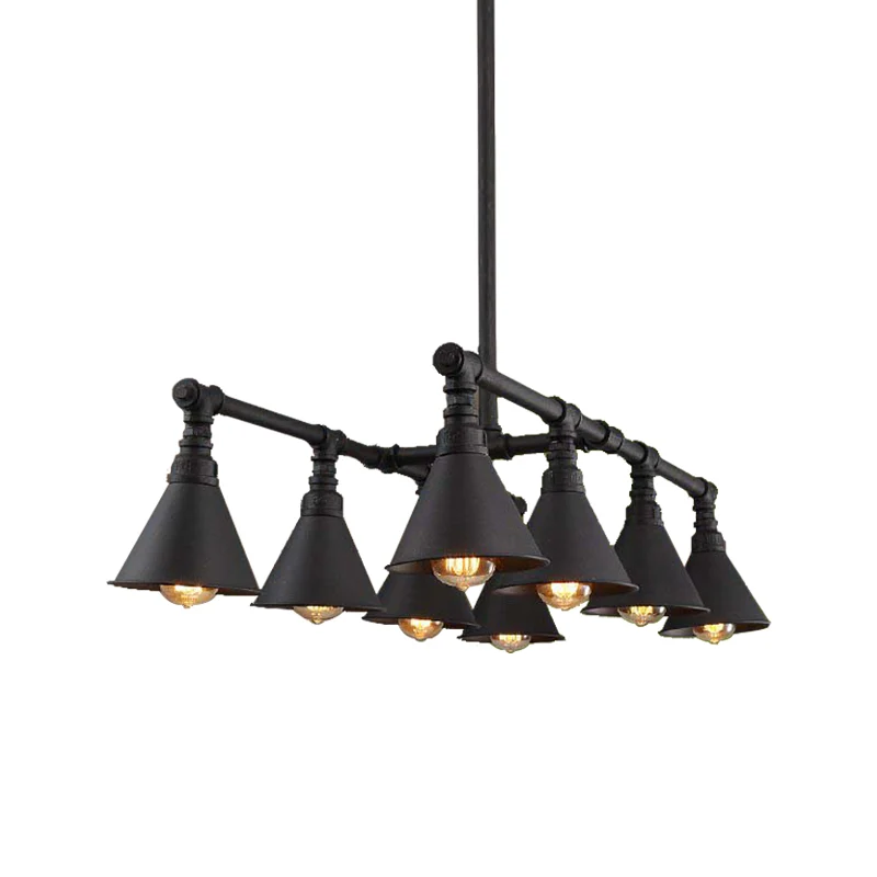 8-lichts Cone Island kroonluchter licht, vintage stijl, zwarte afwerking, metalen hangende hanglamp met pijp Clearhalo