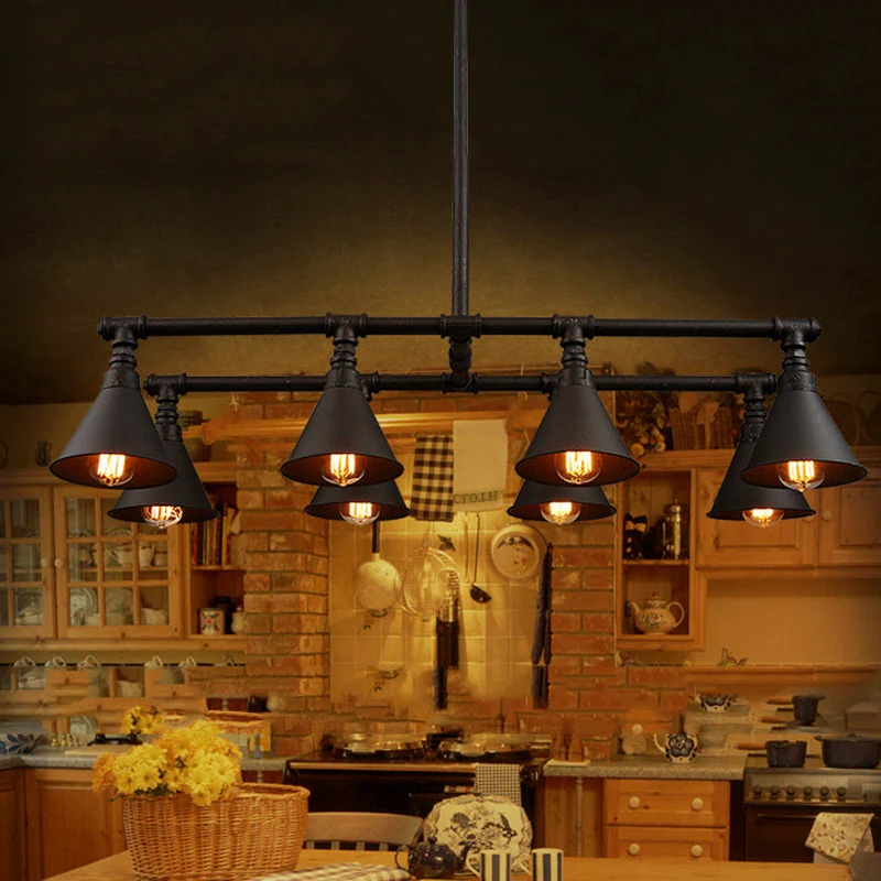 8-lichts Cone Island kroonluchter licht, vintage stijl, zwarte afwerking, metalen hangende hanglamp met pijp Clearhalo