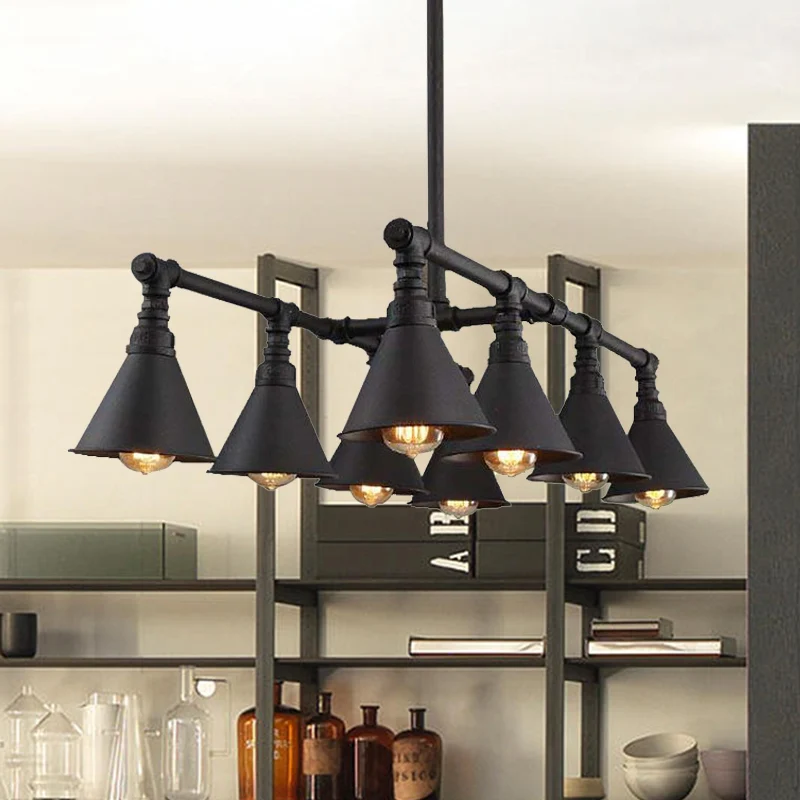 8-lichts Cone Island kroonluchter licht, vintage stijl, zwarte afwerking, metalen hangende hanglamp met pijp Clearhalo