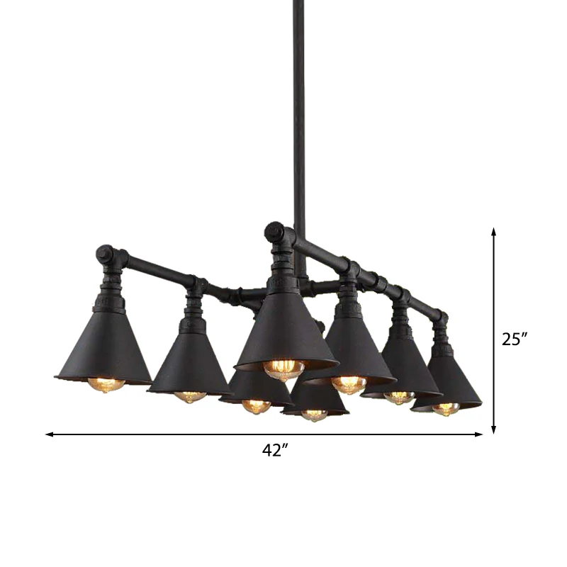 8-lichts Cone Island kroonluchter licht, vintage stijl, zwarte afwerking, metalen hangende hanglamp met pijp Clearhalo