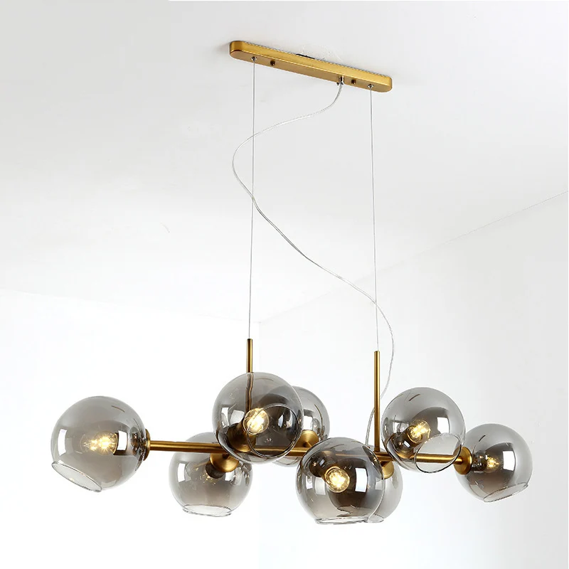 8-lichts gouden metalen eiland-hanglamp uit het midden van de eeuw, bolvormige glazen eiland-plafondlamp voor eettafel Cle...