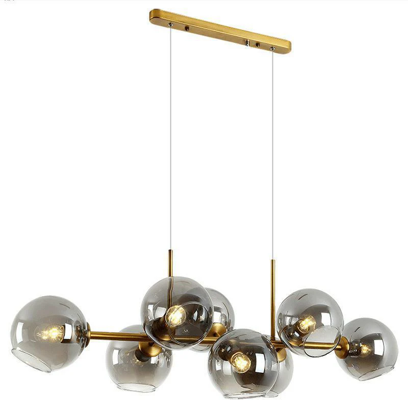 8-lichts gouden metalen eiland-hanglamp uit het midden van de eeuw, bolvormige glazen eiland-plafondlamp voor eettafel Cle...