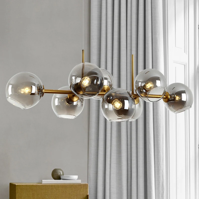 8-lichts gouden metalen eiland-hanglamp uit het midden van de eeuw, bolvormige glazen eiland-plafondlamp voor eettafel Cle...