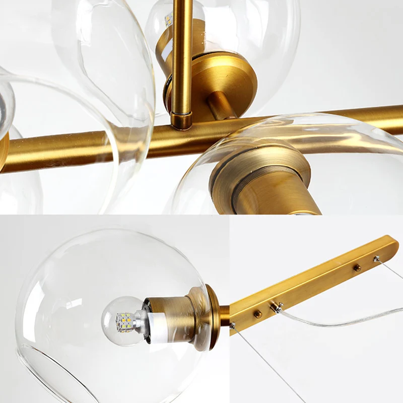 8-lichts gouden metalen eiland-hanglamp uit het midden van de eeuw, bolvormige glazen eiland-plafondlamp voor eettafel Cle...