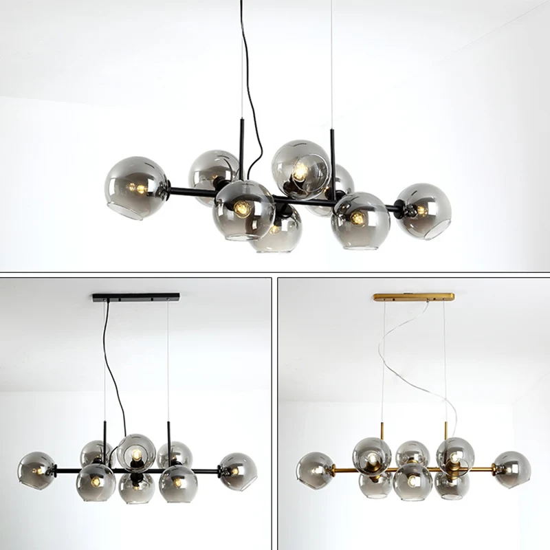 8-lichts gouden metalen eiland-hanglamp uit het midden van de eeuw, bolvormige glazen eiland-plafondlamp voor eettafel Cle...