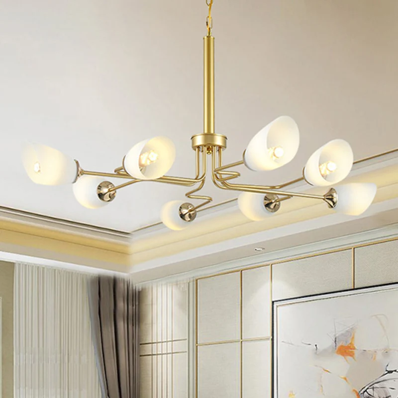 8-lichts hanglamp traditionele ovale matglazen hangende kroonluchter messing voor woonkamer Clearhalo