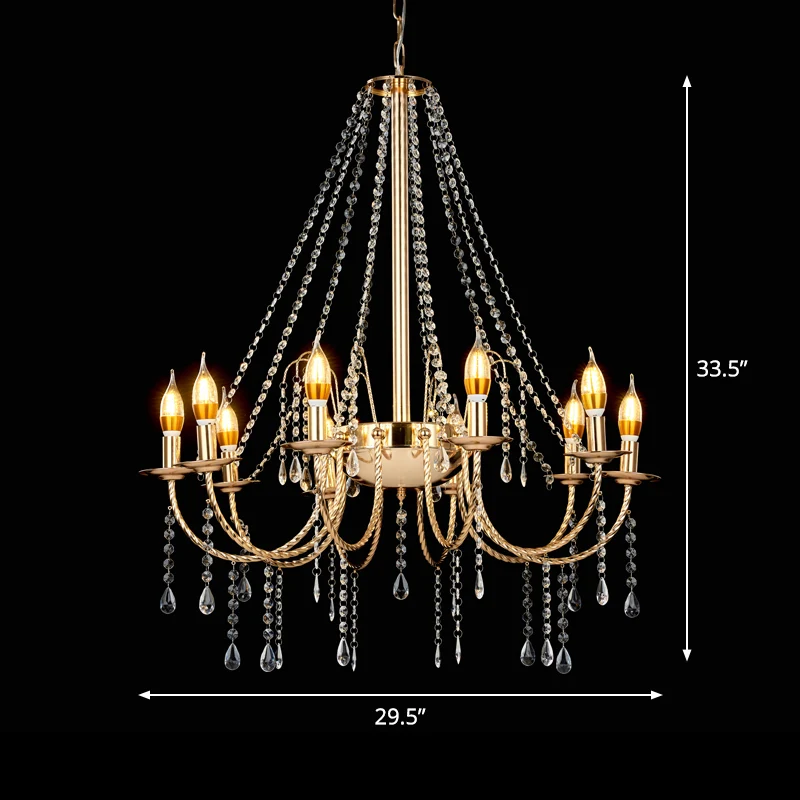 8-lichts kaars hanglamp retro helder kristallen ketting plafondkroonluchter met gouden gestrande swoop-arm Clearhalo