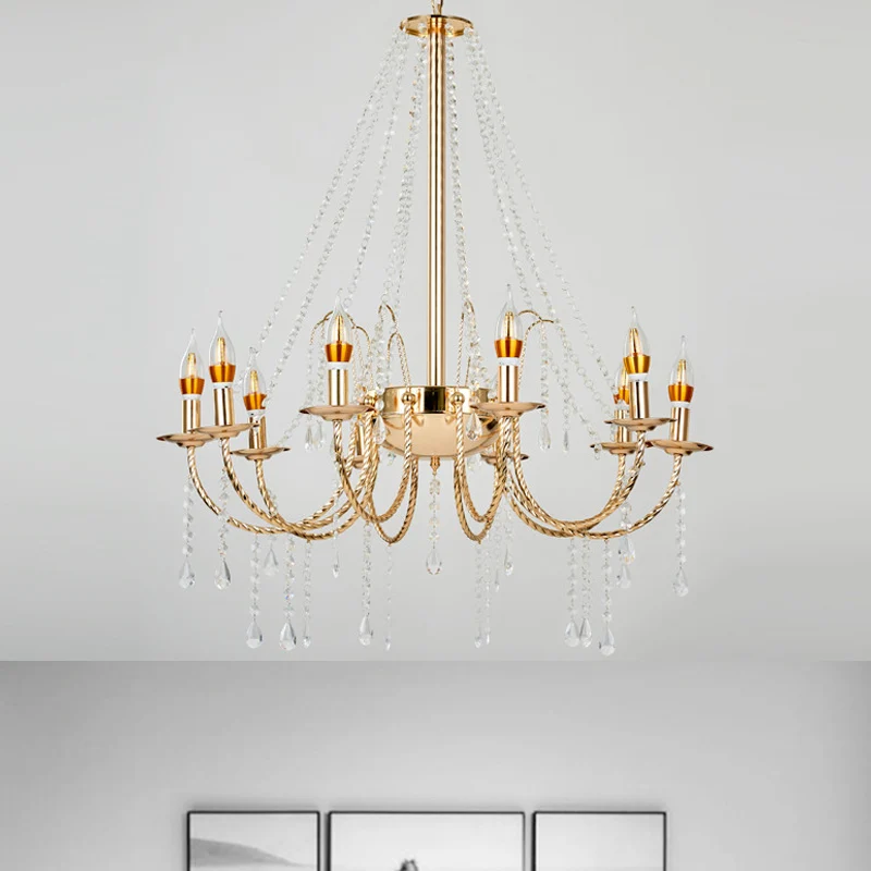 8-lichts kaars hanglamp retro helder kristallen ketting plafondkroonluchter met gouden gestrande swoop-arm Clearhalo