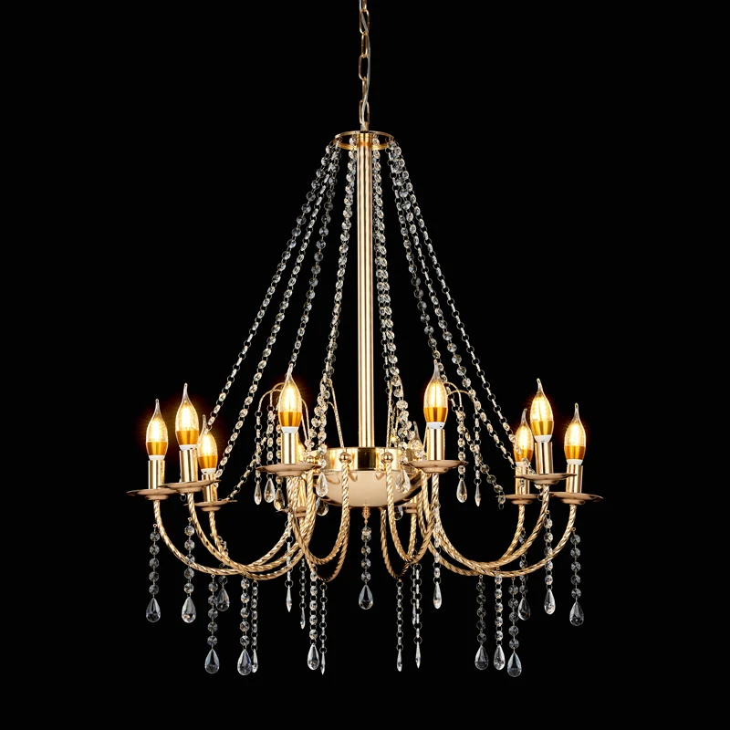8-lichts kaars hanglamp retro helder kristallen ketting plafondkroonluchter met gouden gestrande swoop-arm Clearhalo