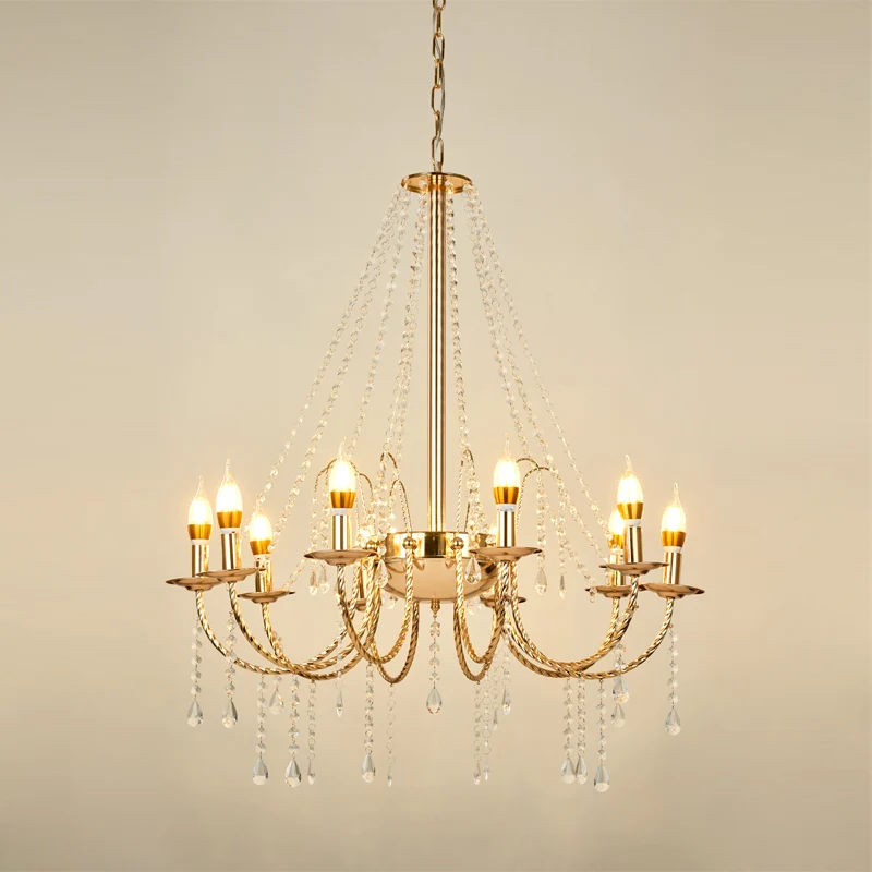 8-lichts kaars hanglamp retro helder kristallen ketting plafondkroonluchter met gouden gestrande swoop-arm Clearhalo