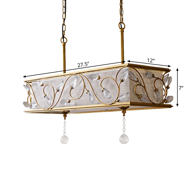 8-lichts kubusvormige eilandhangende vintage gouden vlas-plafondlamp met kristallen accent Clearhalo