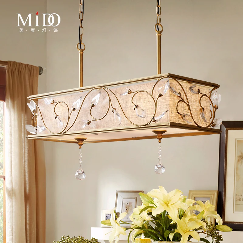 8-lichts kubusvormige eilandhangende vintage gouden vlas-plafondlamp met kristallen accent Clearhalo